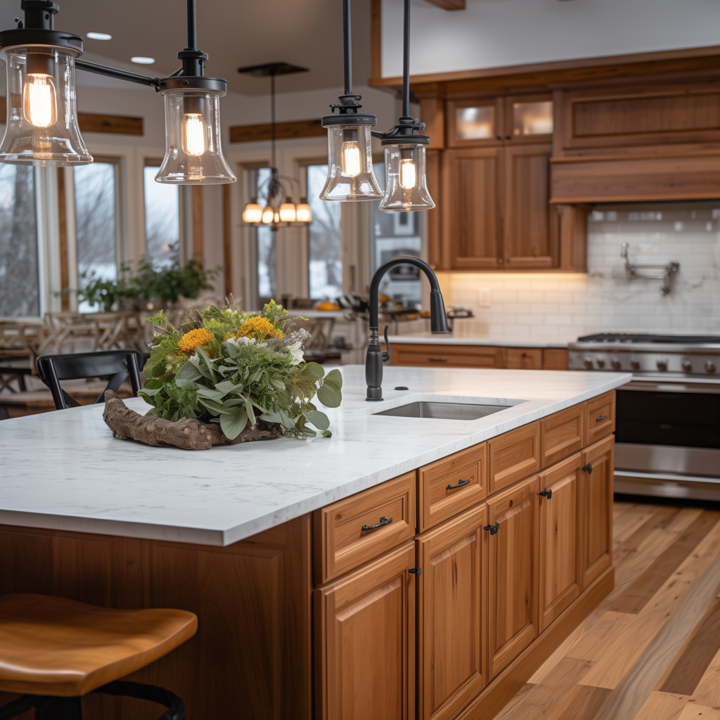 Warm honey-toned custom kitchen cabinets with marble countertops under pendant lighting in a Brick, NJ home renovation.