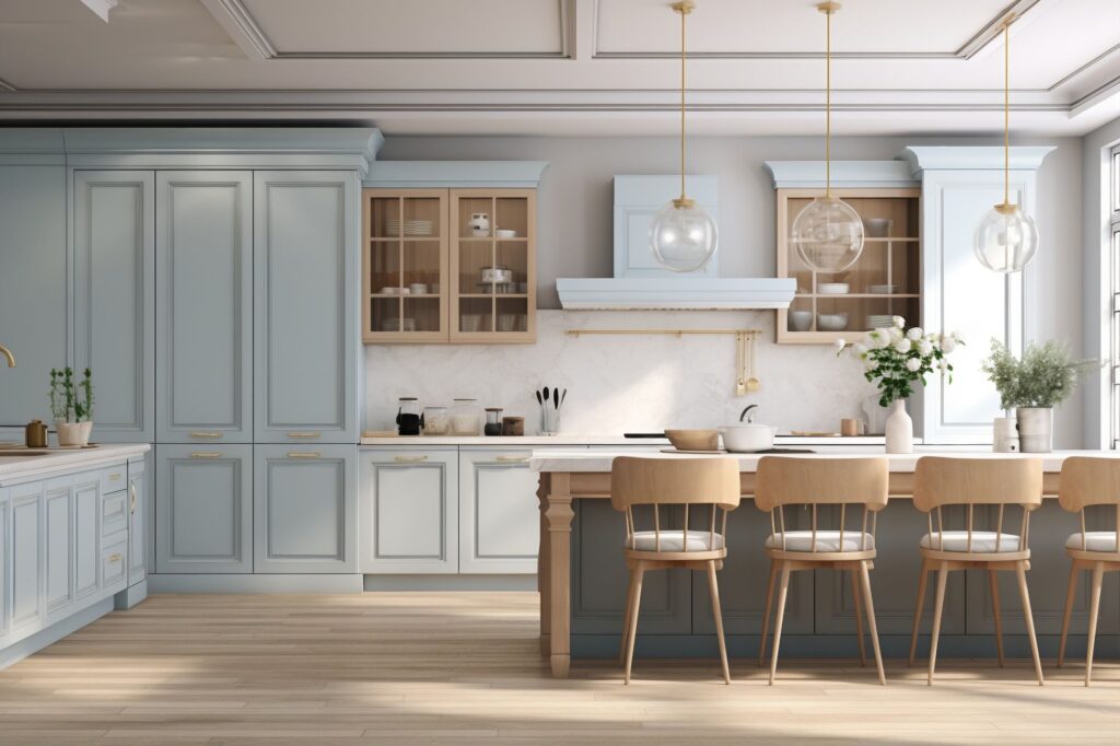 Elegant light blue kitchen cabinets with gold handles, natural wood open shelving, and a white marble backsplash in a Brick Township home renovation by Cabinets, Floors, And More.