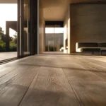 A close-up view of PureGrain™ High-Def DLVT flooring in a modern, sunlit living room, showcasing the realistic wood grain texture and high-definition design.