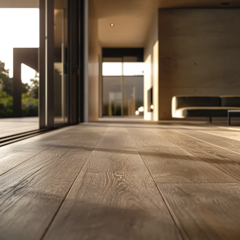 A close-up view of PureGrain™ High-Def DLVT flooring in a modern, sunlit living room, showcasing the realistic wood grain texture and high-definition design.