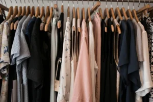 Built-in reach-in closet with organized hanging clothes