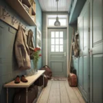 Mudroom interior with teal cabinets, wooden bench, coat hooks, open shelving and organized storage in a bright entryway