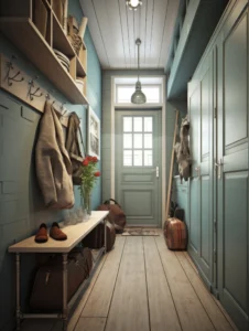 Mudroom interior with teal cabinets, wooden bench, coat hooks, open shelving and organized storage in a bright entryway