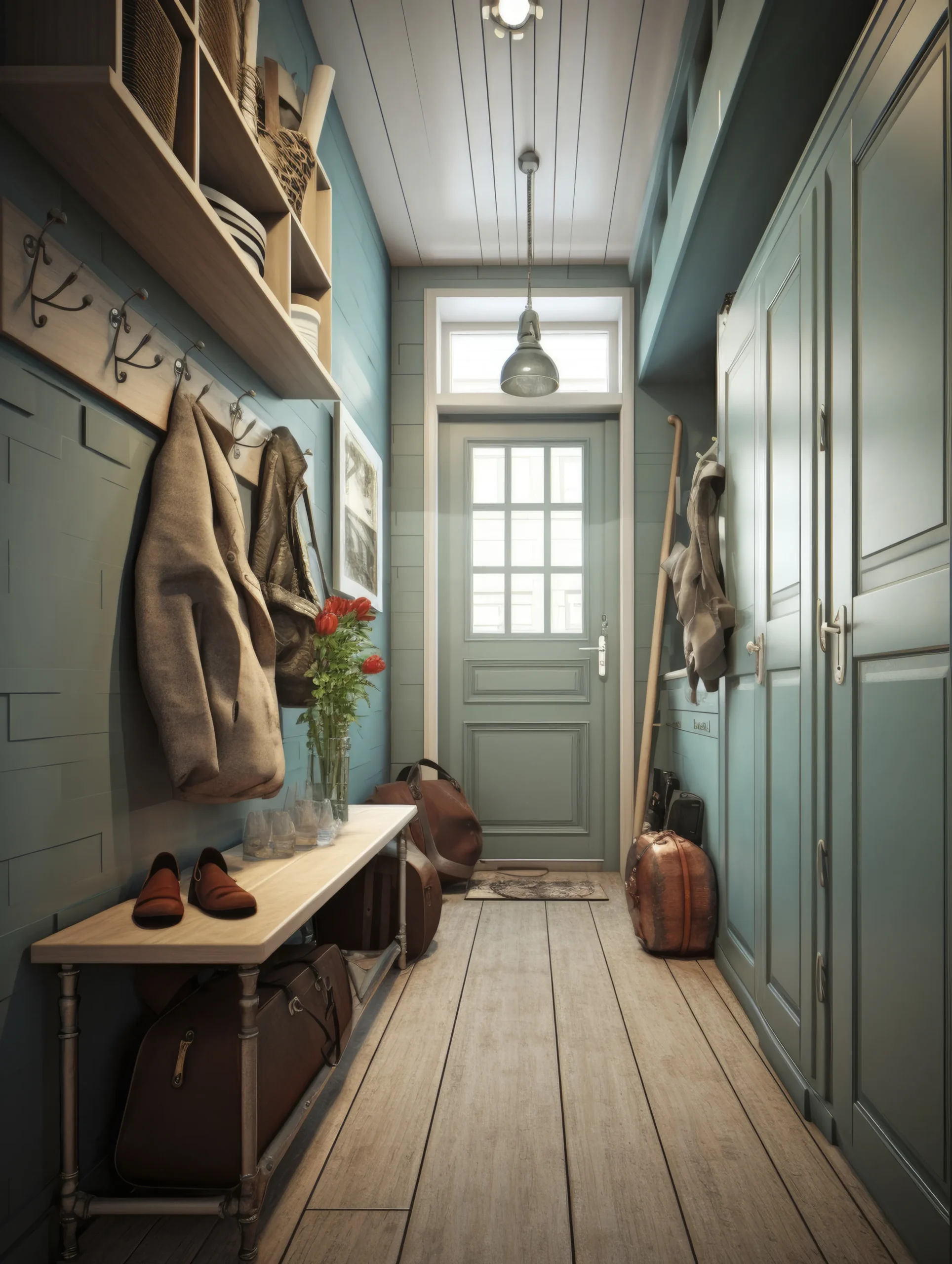 Mudroom interior with teal cabinets, wooden bench, coat hooks, open shelving and organized storage in a bright entryway