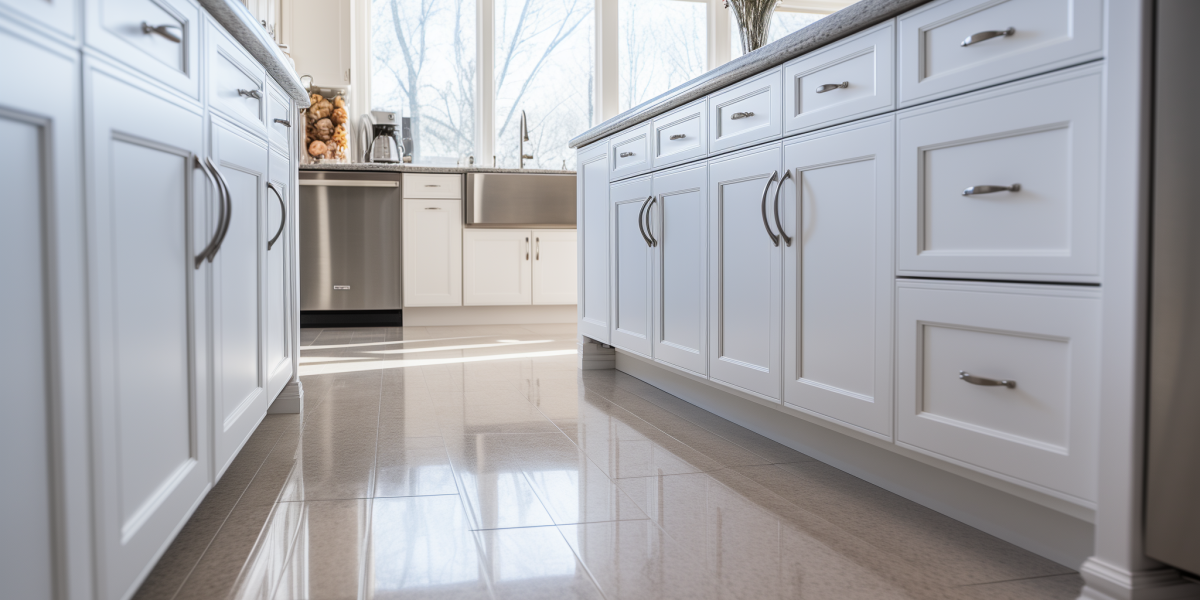 Luxurious Brick, NJ kitchen with gleaming porcelain tile flooring and custom white cabinetry featuring elegant hardware.
